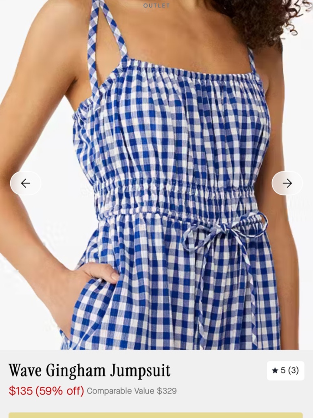 NWT KATE SPADE WAVE Blue Gingham Smocked Wide-Leg Jumpsuit Size Large